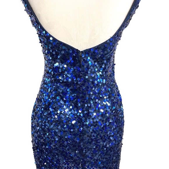 Vintage 90s Blue Sequin Mini Dress 10 Low Back Sleeveless Dopamine Glam Bodycon - Picture 4 of 9